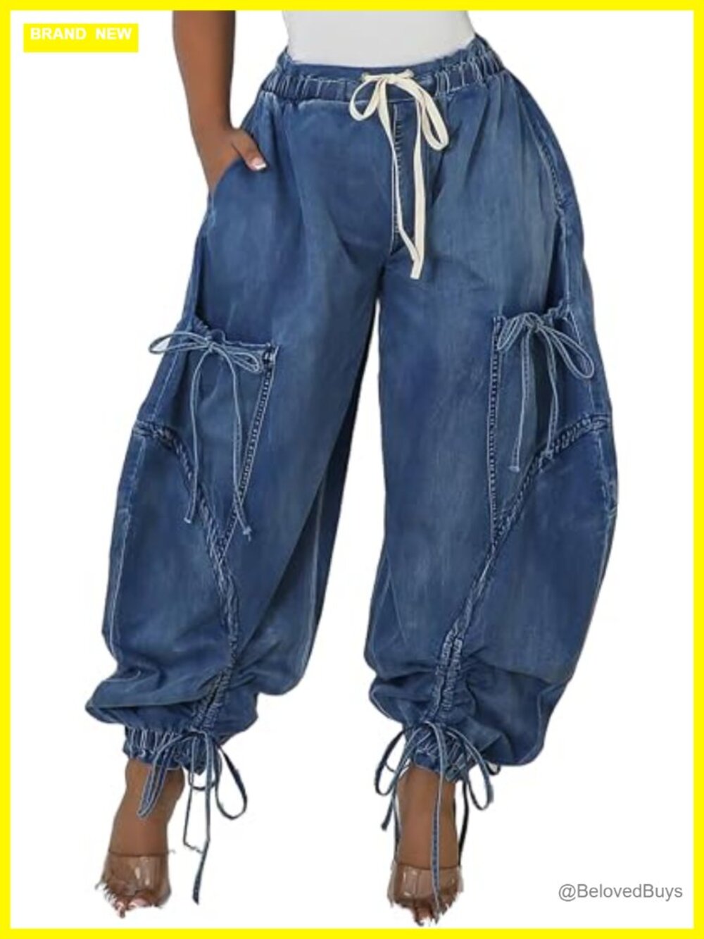 Baggy Cargo Jogger Jeans High Waisted Wide Leg Drawstring Y2K Harem Denim Pants